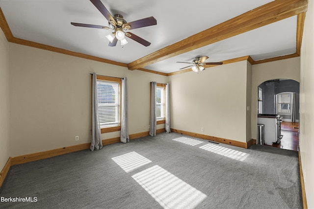 450 E Main St, North Adams, MA 01247 - carpeted empty room featuring a ceiling fan, arched walkways, beamed ceiling, and crown molding