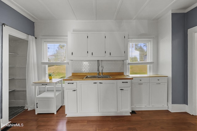 450 E Main St, North Adams, MA 01247 - kitchen featuring white cabinets, backsplash, dark wood-style floors, and plenty of natural light
