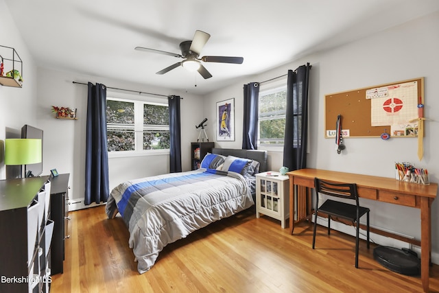 bedroom featuring a ceiling fan and light wood-type flooring