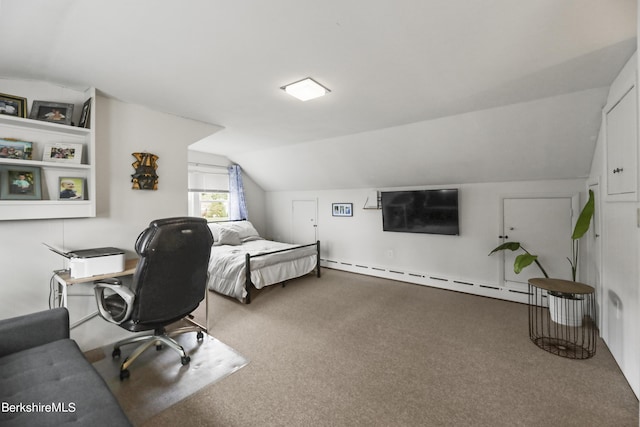 bedroom with a baseboard heating unit, lofted ceiling, and carpet