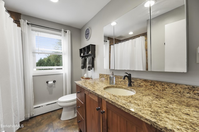 full bathroom featuring recessed lighting, toilet, vanity, and a baseboard radiator