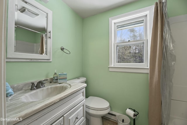 full bathroom with vanity, curtained shower, toilet, and a baseboard radiator