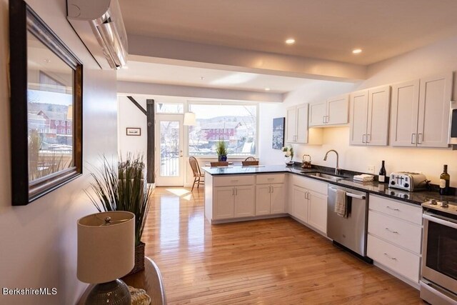 10 Deerfield Ave Unit 5, Shelburne, MA 01370 - kitchen with appliances with stainless steel finishes, light hardwood / wood-style floors, white cabinetry, and sink