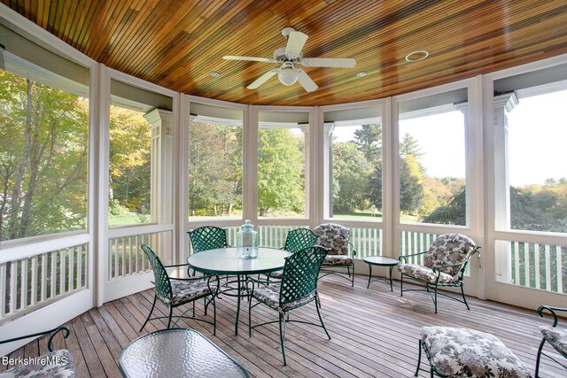 sunroom / solarium with ceiling fan and wooden ceiling