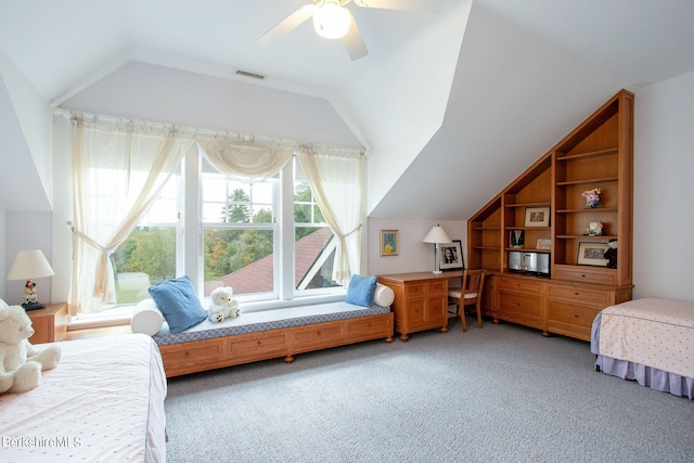 bedroom with carpet flooring, ceiling fan, and lofted ceiling