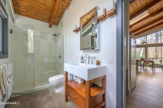 812 Canaan Southfield Rd, New Marlborough, MA 01259 - bathroom featuring wood ceiling, toilet, a stall shower, and vanity