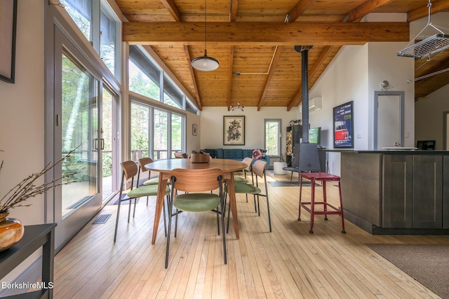 812 Canaan Southfield Rd, New Marlborough, MA 01259 - dining room featuring wood ceiling with exposed beams, light wood-type flooring, high vaulted ceiling, and a wall mounted air conditioner