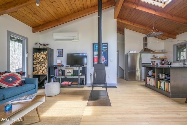812 Canaan Southfield Rd, New Marlborough, MA 01259 - living area featuring a wall mounted air conditioner, light wood-style flooring, wooden ceiling, a skylight, and a wood stove