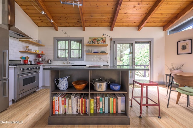 812 Canaan Southfield Rd, New Marlborough, MA 01259 - kitchen featuring open shelves, luxury range, wall chimney exhaust hood, light wood-style flooring, and wood ceiling with exposed beams