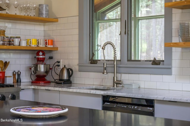812 Canaan Southfield Rd, New Marlborough, MA 01259 - kitchen with open shelves, tasteful backsplash, dishwasher, and a sink