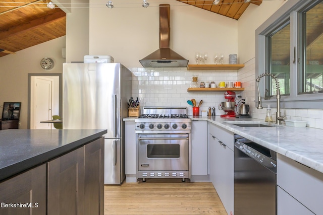812 Canaan Southfield Rd, New Marlborough, MA 01259 - kitchen featuring wall chimney range hood, stainless steel appliances, wooden ceiling, a sink, and decorative backsplash