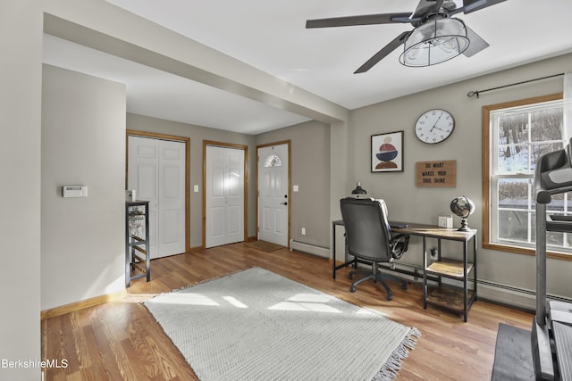 home office featuring a baseboard radiator, wood finished floors, a ceiling fan, and baseboards