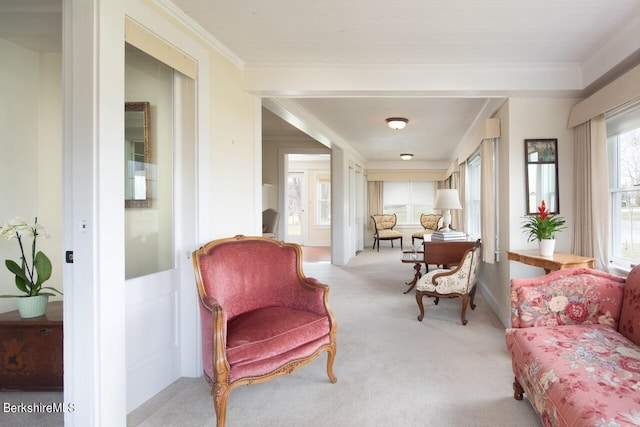 sitting room with crown molding and light carpet