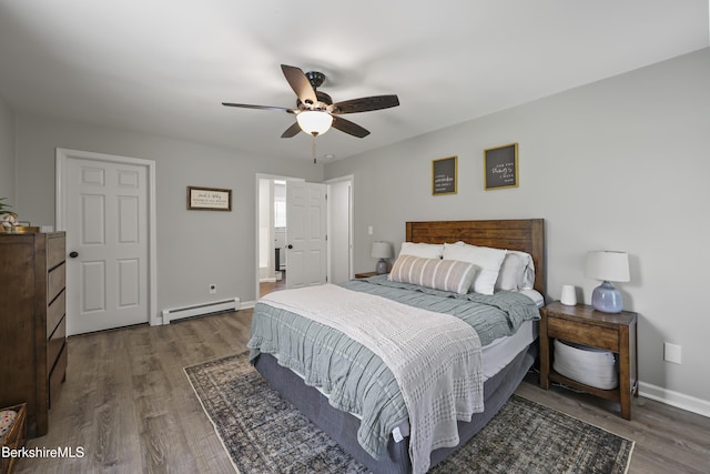 679 Middle Pownal Rd, Pownal, VT 05261 - bedroom featuring baseboard heating, wood finished floors, and ceiling fan