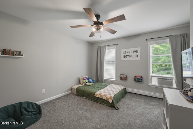 679 Middle Pownal Rd, Pownal, VT 05261 - carpeted bedroom with baseboard heating, cooling unit, and ceiling fan