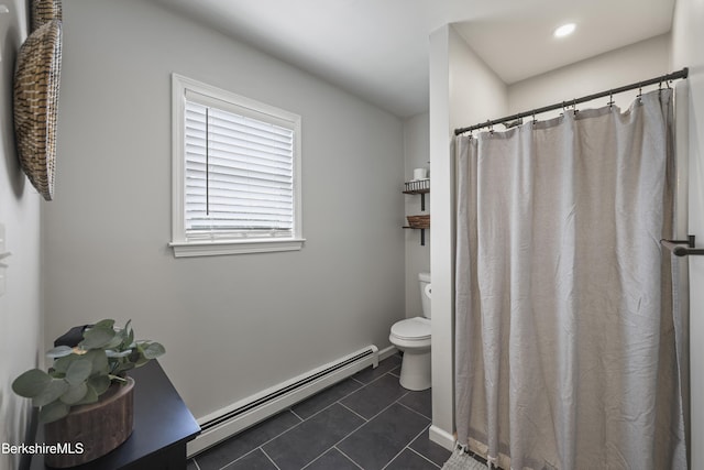679 Middle Pownal Rd, Pownal, VT 05261 - full bathroom featuring baseboard heating, tile patterned flooring, vanity, and a shower with shower curtain