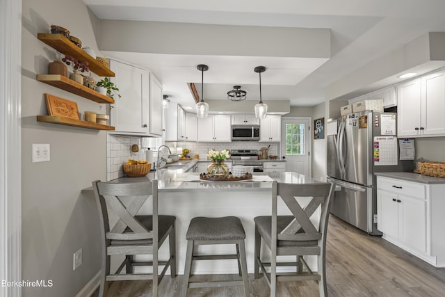 679 Middle Pownal Rd, Pownal, VT 05261 - kitchen featuring appliances with stainless steel finishes, a peninsula, open shelves, tasteful backsplash, and white cabinetry