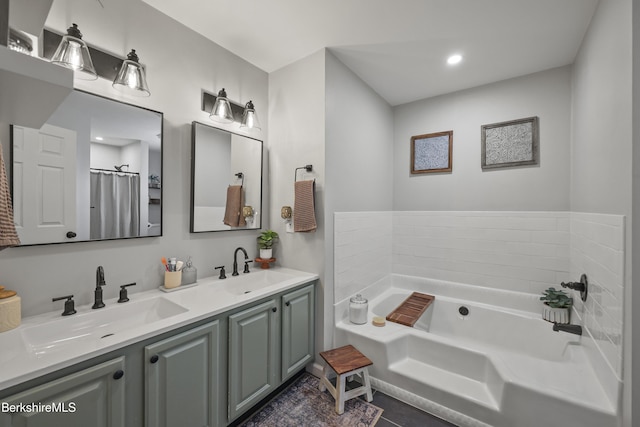 679 Middle Pownal Rd, Pownal, VT 05261 - full bath with double vanity, a garden tub, tile patterned flooring, and recessed lighting