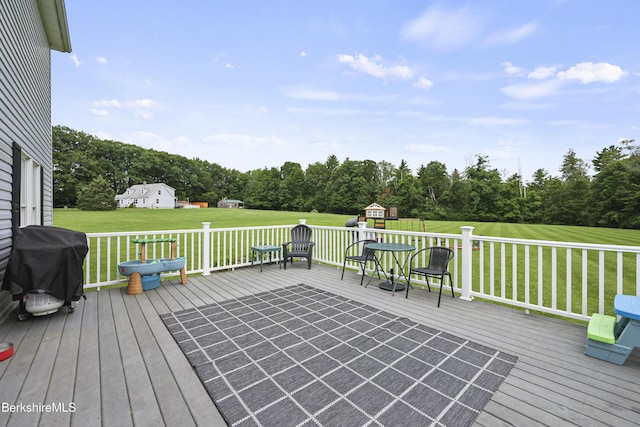 679 Middle Pownal Rd, Pownal, VT 05261 - wooden terrace featuring grilling area, a lawn, and view of scattered trees