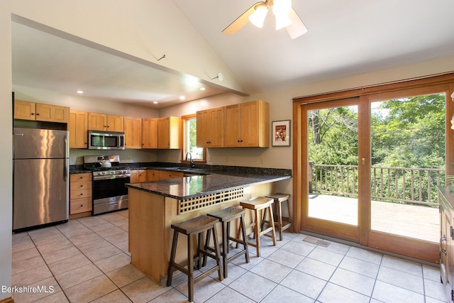 kitchen featuring lofted ceiling, sink, stainless steel appliances, kitchen peninsula, and a breakfast bar area