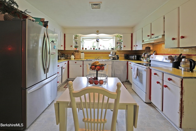 458 Monterey Rd, Great Barrington, MA 01230 - kitchen with freestanding refrigerator, white electric stove, under cabinet range hood, and light countertops