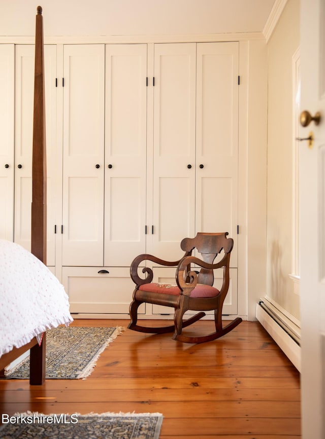 interior space featuring a baseboard heating unit and wood finished floors