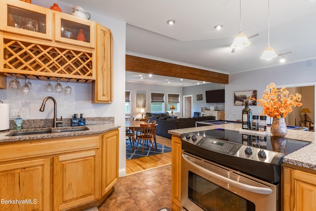 144 Brombach St, Pittsfield, MA 01201 - kitchen featuring stainless steel electric range, a sink, crown molding, open floor plan, and glass insert cabinets