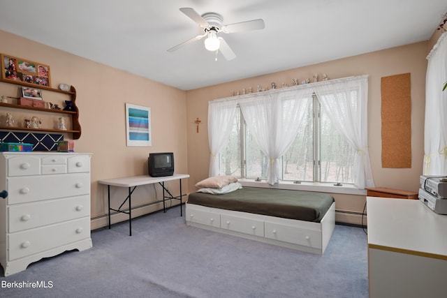 carpeted bedroom featuring ceiling fan and a baseboard radiator