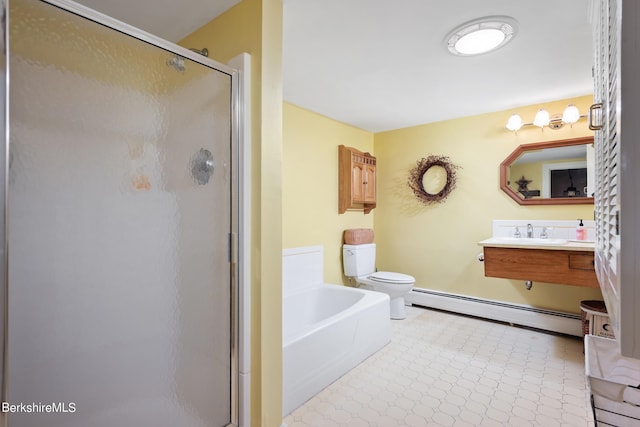 full bathroom with toilet, sink, baseboard heating, and independent shower and bath