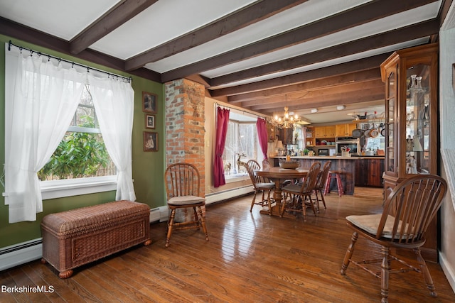 dining room featuring dark hardwood / wood-style flooring, beamed ceiling, a chandelier, and a baseboard radiator