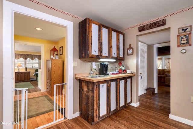 bar with dark hardwood / wood-style flooring and sink