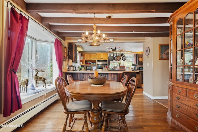 dining area featuring beamed ceiling, a baseboard radiator, light hardwood / wood-style flooring, and a notable chandelier