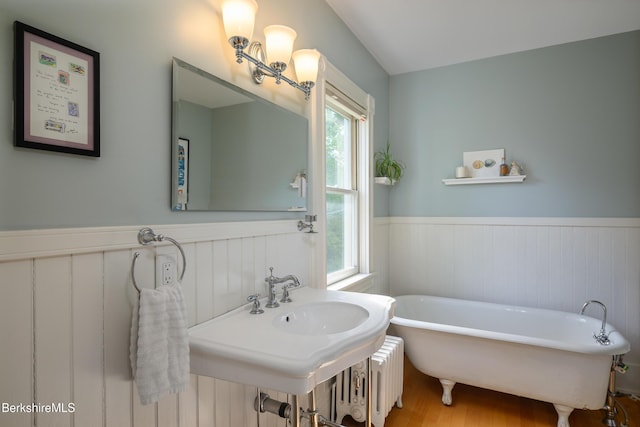 163 Cole Ave, Williamstown, MA 01267 - full bath with a wainscoted wall, a soaking tub, wood finished floors, and radiator