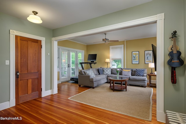 163 Cole Ave, Williamstown, MA 01267 - living room with french doors, wood finished floors, and a ceiling fan