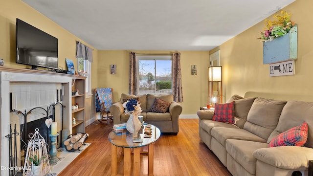 living room with hardwood / wood-style floors and a fireplace