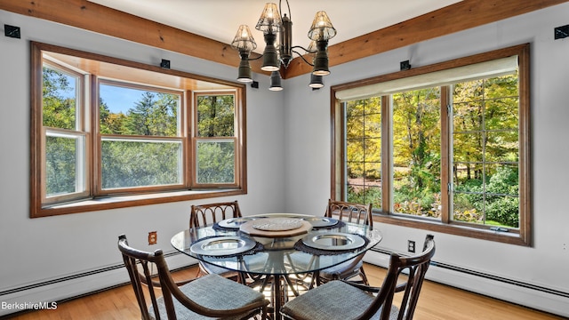 dining space featuring light wood-type flooring, baseboard heating, and a chandelier