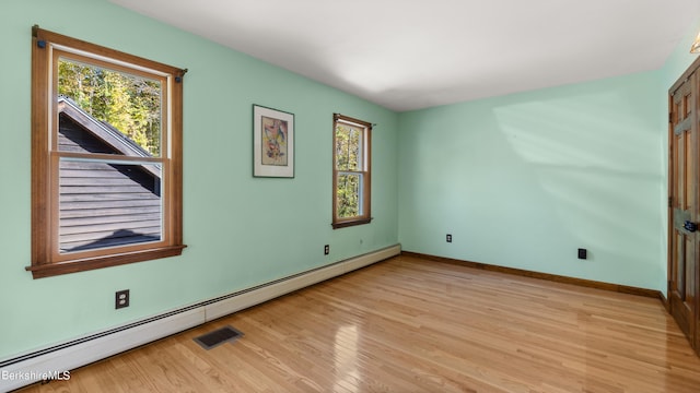 empty room with light hardwood / wood-style floors and baseboard heating