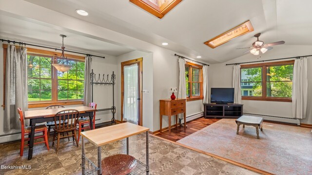 204 Cottage St, Great Barrington, MA 01236 - living room with a baseboard radiator, a skylight, plenty of natural light, recessed lighting, and lofted ceiling