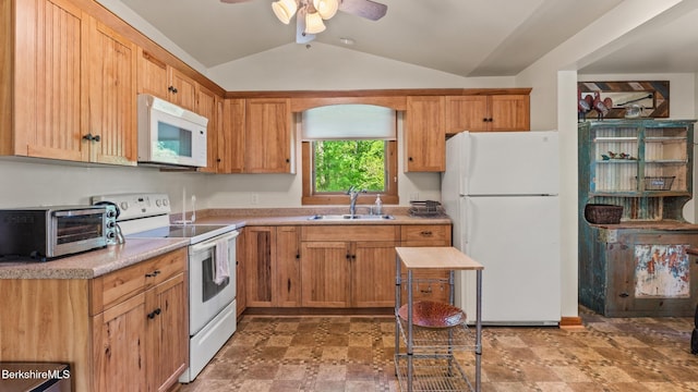 204 Cottage St, Great Barrington, MA 01236 - kitchen featuring white appliances, a sink, vaulted ceiling, ceiling fan, and light countertops