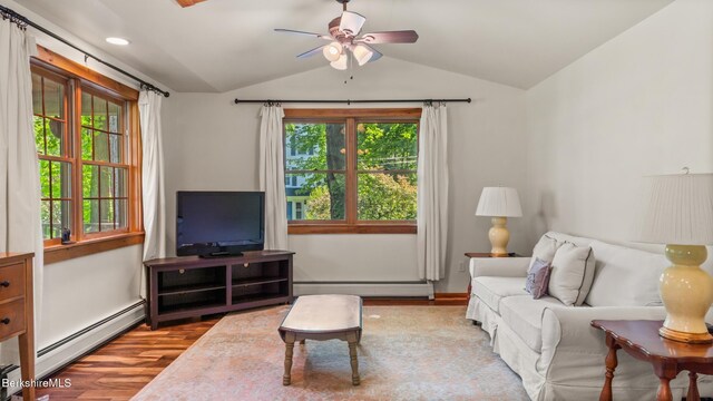 204 Cottage St, Great Barrington, MA 01236 - living room featuring baseboard heating, wood finished floors, lofted ceiling, ceiling fan, and recessed lighting
