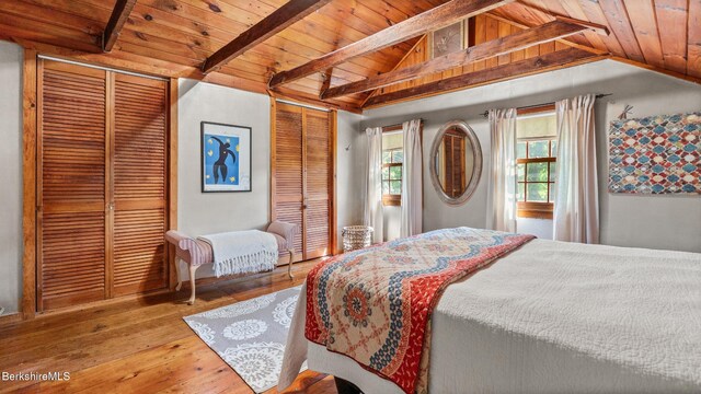 204 Cottage St, Great Barrington, MA 01236 - bedroom featuring two closets, wooden ceiling, and wood-type flooring
