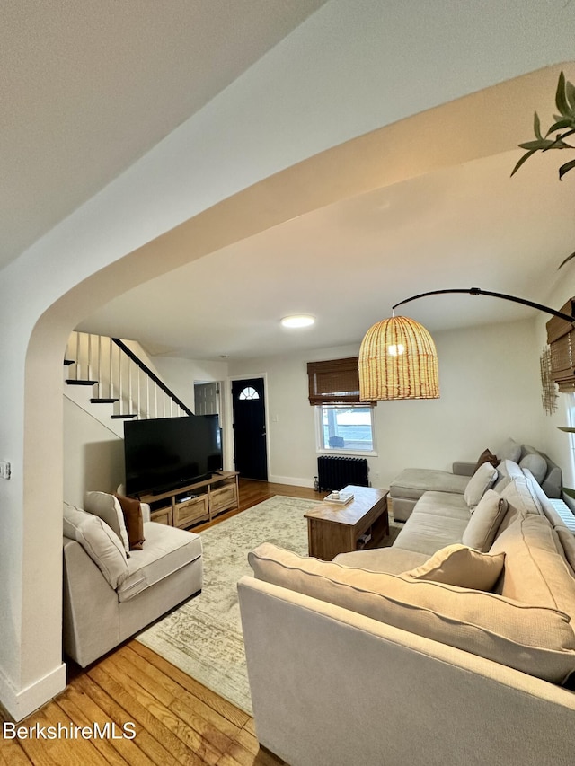 living room with wood-type flooring and radiator