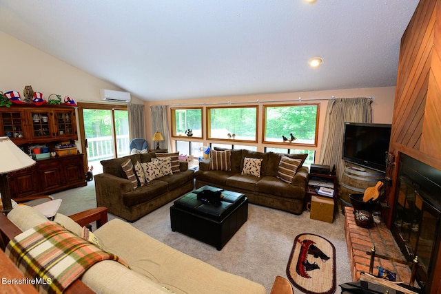 303 Lakeshore Dr, Sandisfield, MA 01255 - living room featuring a wall mounted AC, carpet, and vaulted ceiling
