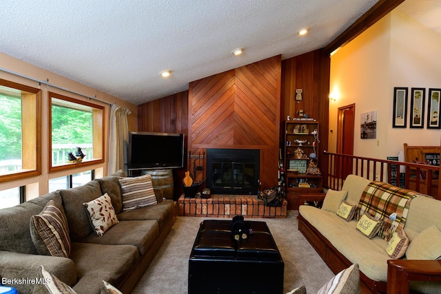 303 Lakeshore Dr, Sandisfield, MA 01255 - carpeted living room with wood walls, a textured ceiling, vaulted ceiling, and a large fireplace