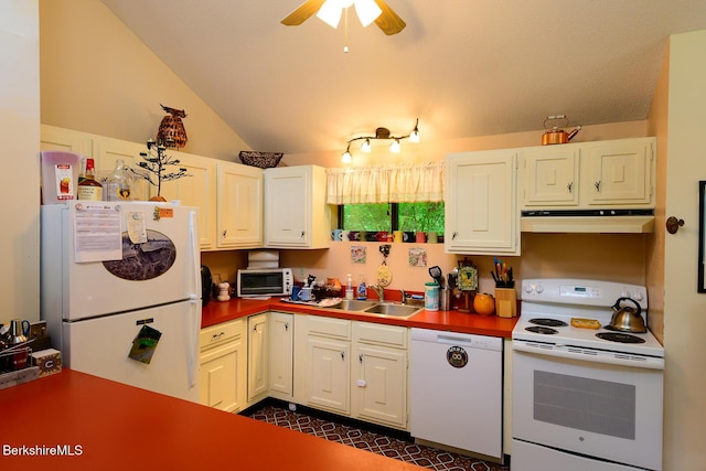 303 Lakeshore Dr, Sandisfield, MA 01255 - kitchen featuring white appliances, under cabinet range hood, a ceiling fan, and vaulted ceiling