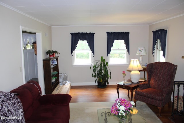 living room featuring light wood-type flooring, crown molding, and baseboards