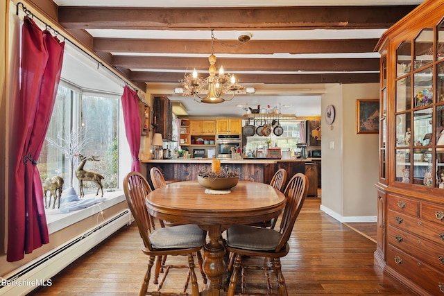 924 Henderson Rd, Williamstown, MA 01267 - dining room featuring a baseboard radiator, a chandelier, beamed ceiling, wood finished floors, and baseboards
