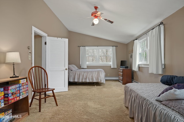 924 Henderson Rd, Williamstown, MA 01267 - carpeted bedroom featuring vaulted ceiling, baseboard heating, and a ceiling fan