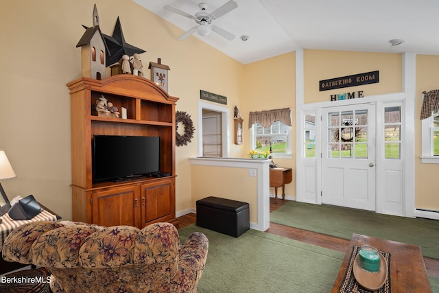 924 Henderson Rd, Williamstown, MA 01267 - carpeted living room with vaulted ceiling, ceiling fan, and baseboards