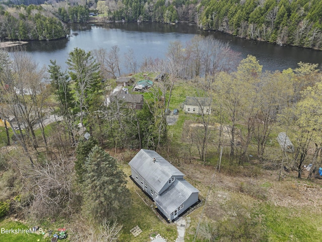 birds eye view of property with a wooded view and a water view